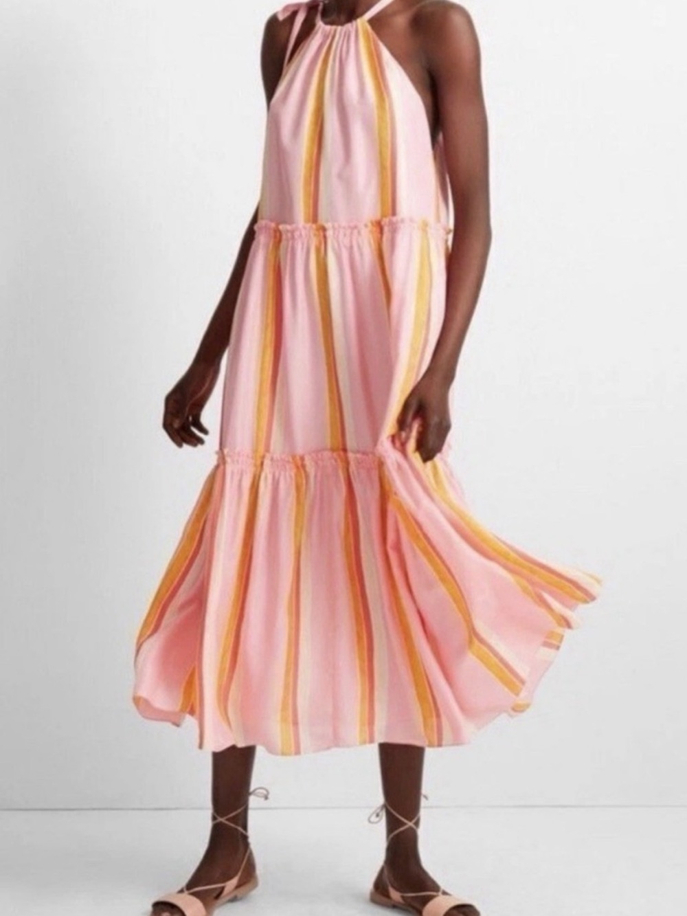 Club Monaco Pink Halter Tiered Midi Dress with Yellow Stripes